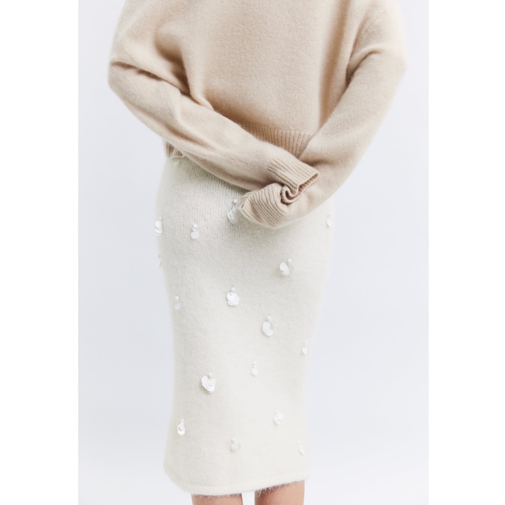 Zara Sequin embroidered Alpaca Blend Knit Pencil Midi Skirt Ecru white S NWT - Picture 8 of 15